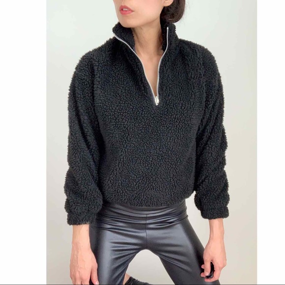 SHERPA HALF ZIP BOMBER SWEATER  - BLACK - Picture 14 of 14